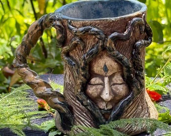 Tree Stein with Face Large handmade sculpted pottery one of a kind no molds twisted branches as woodland ceramic handle