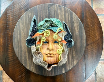 Psychedelic Sculpture Mushroom wall decor cottage core wall hanging wall art mushroom goddess fiddlehead fern geode ceramic ready to hang