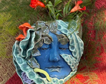 Blue Face Ceramic Wall Planter: Hand-Sculpted Botanical Face Art