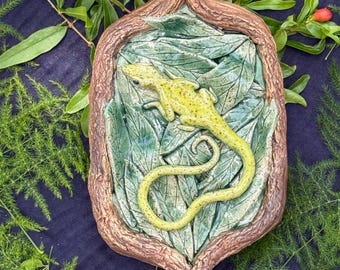 Original Fine Art Ceramic Sculpture for Wall of Anole Lizard ready to hang