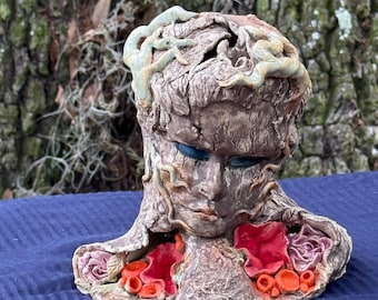 Creepy Ceramic Woodland Bust with flowers and mushrooms cottage core home decor