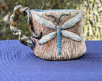Dragonfly pottery ceramic mug or cup woodland lover tree texture twisted handle one of a kind unique handmade
