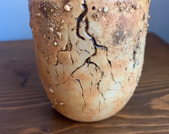 Unique handmade one of a kind ceramic cup with roots and worm inside nature lover