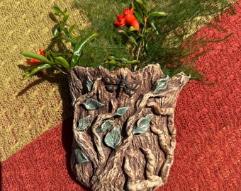 Woodland Ceramic Wall Planter: Hand-Sculpted Vines, Leaves, Wood Texture, Butterfly Detail