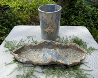 Ceramic Insect Cup and Tray Set, Blue Marbled Clay Home Decor