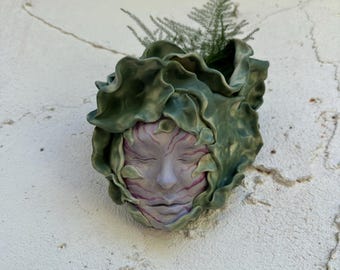 Hand sculpted ceramic wall decor purple face with leaves functional sculpture planter wall art nature lover unique planter one of a kind