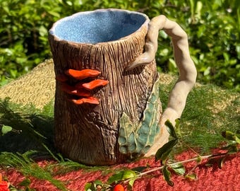 Woodland Mushroom Pottery Mug, Hand-Sculpted Ceramic Cup, Cottage Core Style