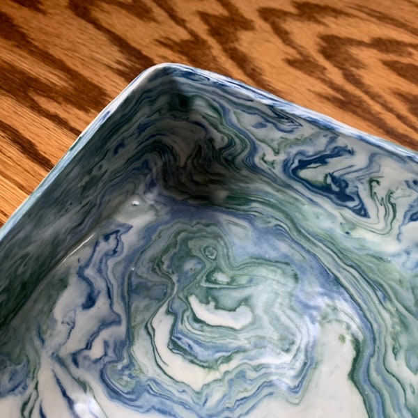 Marbled bowl Handmade and one of a kind ceramic nerikomo or agateware bowl with colored porcelain green and cobalt blue marbled