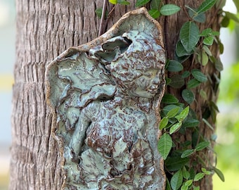 Handsculpted Ceramic Garden Art Fine Art Tree Woman Feminine Leaf Goddess ready to hang one of a kind unique sculpture for garden or indoors