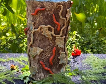 Hand-sculpted Ceramic Log Vase with Caterpillars and Leaves – Nature Lover Art