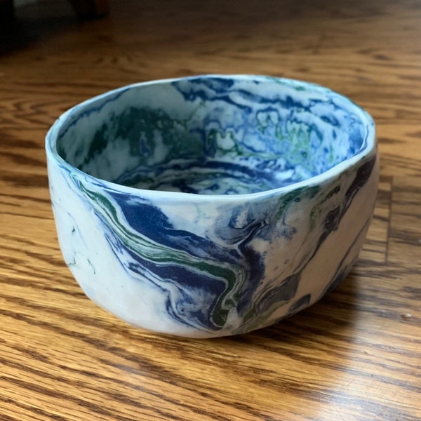 Marbled bowl Handmade and one of a kind ceramic pottery bowl agateware nerikomi colored porcelain marbled blue and green