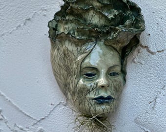 Weird Ceramic Wall Art Creepy Face ready to hang one of a kind hand sculpted strange gothic wall decor nature lover flower bloom face dark