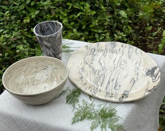 Black White Marbled Ceramic Platter Bowl Vessel Set, Handmade Dinnerware Home Decor