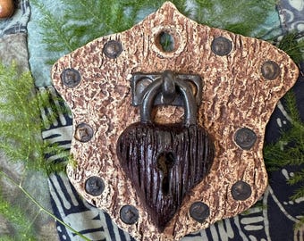 Heart sculpture Handsculpted ceramic wall hanging of wooden heart lock