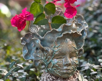 Vase with Face Ceramic handmade one of a kind with no molds vines and leaves