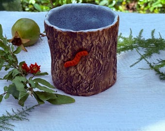 Handmade Ceramic Log Cup with Caterpillar – Woodland Cottage Core Entomology Mug