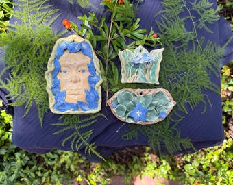 Whimsical decor wall hanging set of 3 face flowers and mushroom blue and green