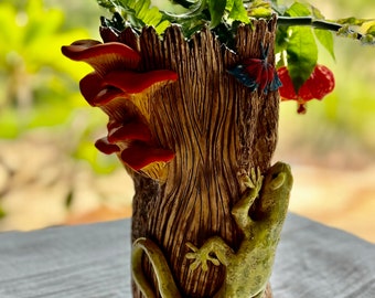 Lizard Vase Ceramic Pottery Unique Vessel with hand sculpted lizard and orange mushrooms with wooden texture tree stump one of a kind
