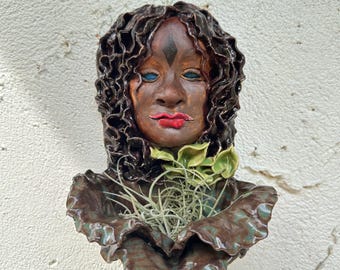 Black Goddess Air planter Wall Art ceramic hand made planter one of a kind weird planter unique  forest wall decor one of a kind cottagecore