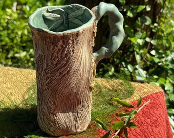 Dragonfly ceramic tumbler log stump wooden texture ceramic handmade one of a kind