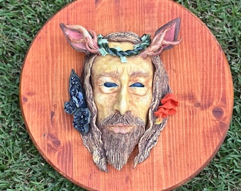 Cottage core sculpture Woodland Sculpture wise man ceramic wall art one of a kind not from molds pagan tree spirit horns orange mushrooms