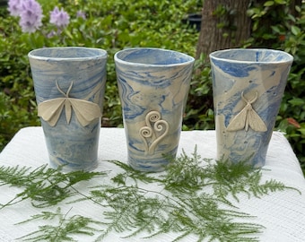 Marbled Blue Ceramic Tumbler with Moth and Ferns – Handmade Home Decor