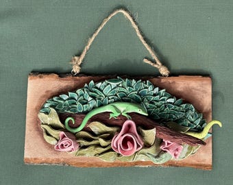 Hand-sculpted Ceramic Anole Lizard with Roses Wall Art, Woodland Cottage Decor