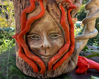 Orange Mushroom Stein with Face Hand Sculpted Tree Stump Large Pottery Mug one of a kind woodland lover unique ceramics cottage core