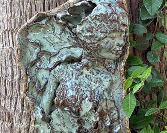 Tree Lady Sculpture Ceramic one of a kind hand sculpted woman with leaves forest decor woodland cottage core unique wall art female