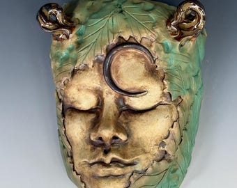 Hand-Sculpted Face Planter with Horns – Wall Hanging Sculpture