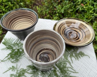 Brown Spiral Ceramic Bowl Set: Wheelthrown, One-of-a-Kind Dinnerware Home Decor