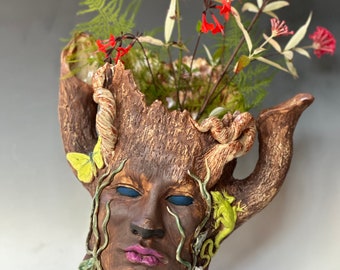 Cottagecore ceramic vase with morning glory moth and anole lizard unique handmade pottery woodland one of a kind functional sculpture