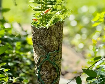 Hand-Sculpted Ceramic Tree Spirit Vase: Woodland Face, Bark Texture, Whimsical Decor