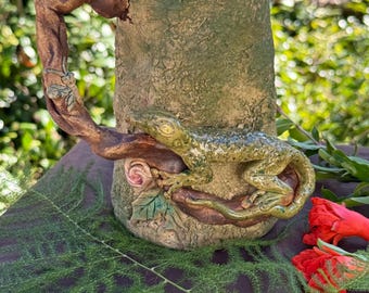 Lizard Mug Ceramic pottery with textured exterior leaves rose vine handle one of a kind unique gift for reptile lovers