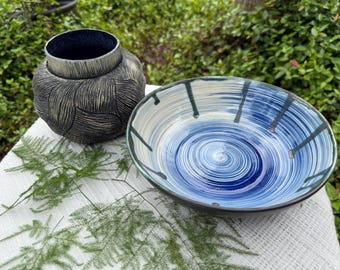 Handcarved Ceramic Vase and Swirled Bowl Set: Blue, Grey Crystalline Glaze Home Decor