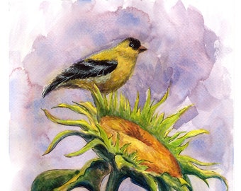 Goldfinch on a Sunflower  - Original Watercolor Painting - Impressionist  - Nature Impressionism - Yellow - Violet - Green