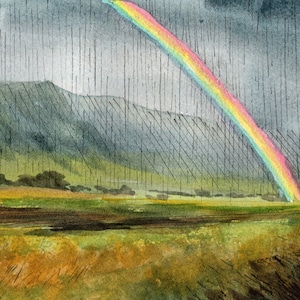 Rainbow  - Original Watercolor & Ink Painting Impressionist - Storm - Nature Impressionism
