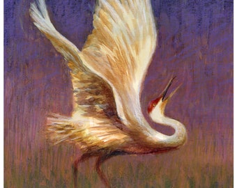 Sandhill Crane  - Original Watercolor and Colored Pencil Painting - Impressionist  - Nature Impressionism - Nebraska - Violet - Green