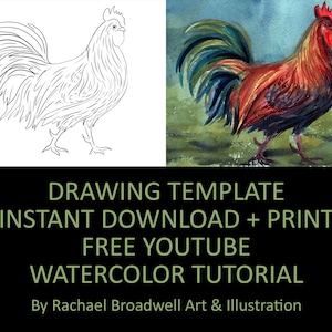 Strutting Rooster - Template Transfer for Watercolor YouTube Tutorial Video - Download and Print Instantly