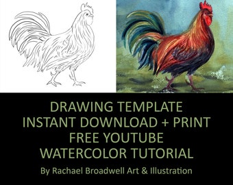 Strutting Rooster - Template Transfer for Watercolor YouTube Tutorial Video - Download and Print Instantly