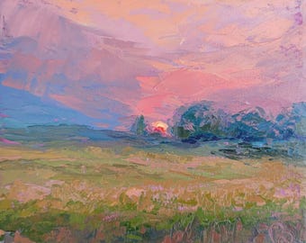 Sundown Glow - Oil Painting - Impressionist Landscape Original Art - Impressionism 8in x 10in - Nebraska Art