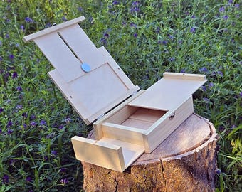 DESIGN UPGRADE - Compact Handmade Pochade Box for Plein Air Painting - Overlander - Torque Hinges - Paint Tube Storage - Made in USA