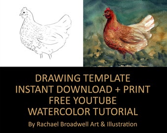 Wandering Hen - Template Transfer for Watercolor YouTube Tutorial Video - Download and Print Instantly