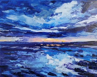 Oil Painting Impressionist Landscape Original Art - Sunset Reflections - A River at Dusk - Impressionism 11in x 14in