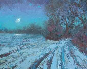 Winter Moon - Oil Painting - Impressionist Landscape Original Art - Impressionism 8in x 10in - Nocturne Art