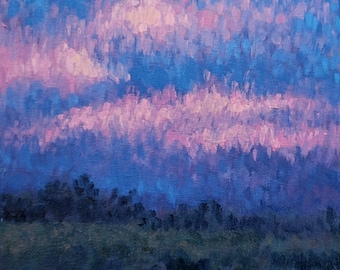 Cotton Candy Clouds - Oil Painting - Impressionist Landscape Original Art - Impressionism 8in x 8in - Nebraska Art