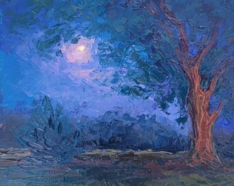 Pink Moon - Oil Painting - Impressionist Landscape Original Art - Impressionism 8in x 8in - Nebraska Art