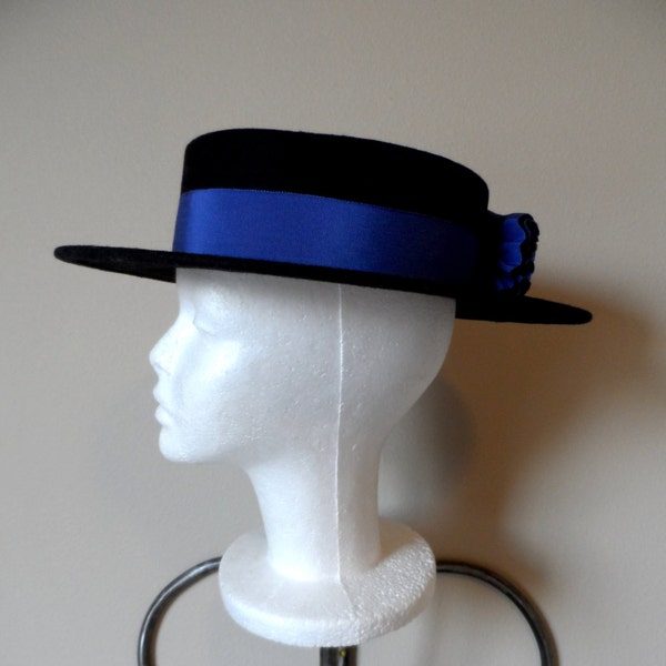 Vintage 1980's Hat . Black 100% Wool . Blue Grosgrain Ribbon Trim . Made in USA . Excellent Vintage Condition