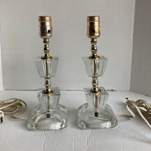 Vintage Boudoir Lamps* Clear Glass . Brass Trim . One Pair 1940's Accent Lamps . Perfect!