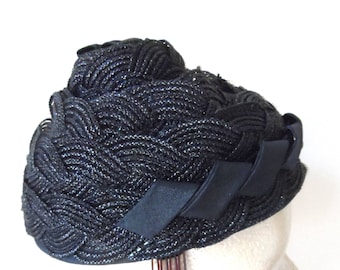 Vintage 1960's Black Pillbox Hat* MARCHE EXCLUSIVE . Unusual Woven & Braided Design . Elegant . Classic . Evening . Dressy . Designer . Rare